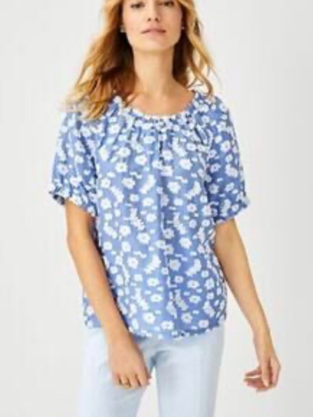 ANN TAYLOR Round Neck Puff Sleeve Floral Applique Blouse, Periwinkle Blue | Sz L